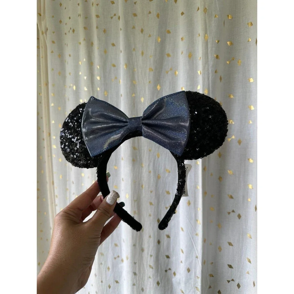 Disney Parks Sequin Minnie Mouse Shimmer Metallic Blue Bow Headband Ears